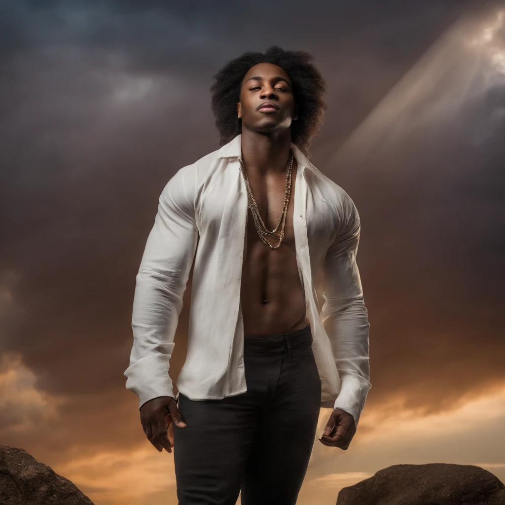 lllustration of young black man, fantasy universe, prince, contemplating, wearing big clothes, cover back, light smile, background with sky and clouds and sunset --auto --s2