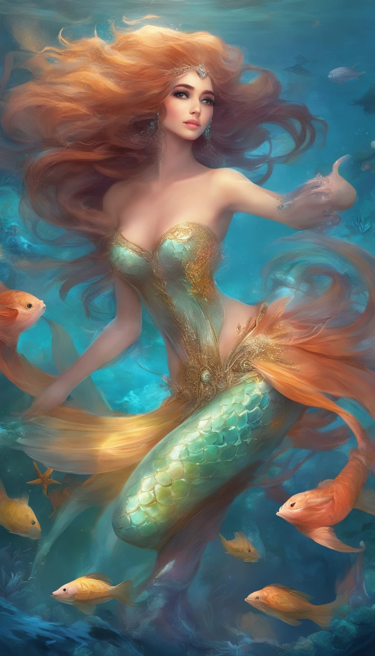 cute mermaid caught by a diamond ring on a fishhook,shimmering scales reflecting the sparkling gem underwater with curiosity and desire.