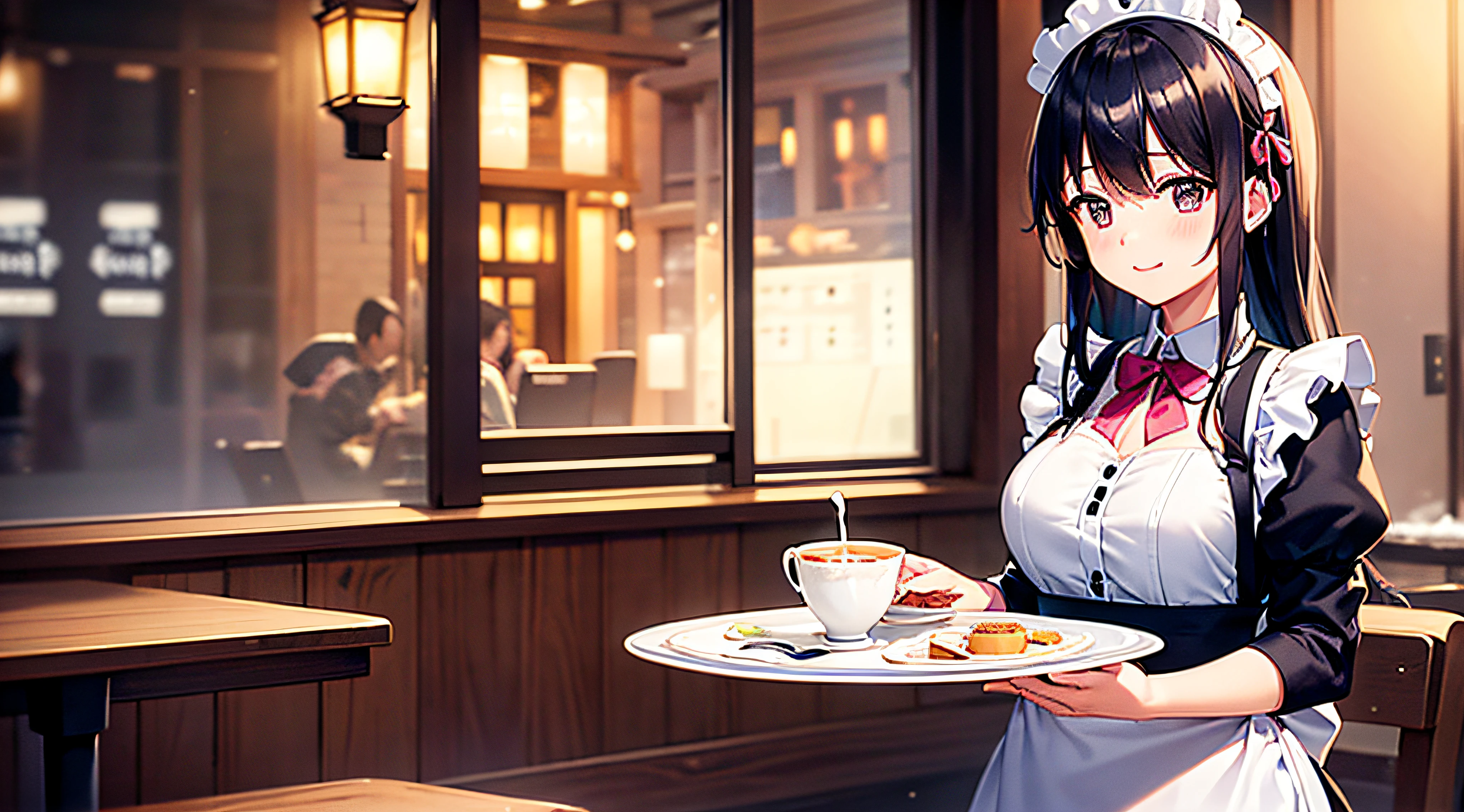 The image depicts a peaceful "maid cafe" during the sunset in a snowy city. The cafe is situated on a charming cobblestone street, and the neon lights of the surrounding buildings are starting to illuminate, casting a soft glow over the scene. Snow covers the ground and the rooftops of the buildings, creating a tranquil and serene atmosphere.

At the entrance of the cafe, there's a luminous sign with the establishment's name and a kawaii design. At the outdoor tables, some customers are enjoying their hot drinks while chatting and laughing. There's a sense of camaraderie and comfort in the air.

The cafe itself has a European-style architecture with Japanese influences, featuring large windows that allow a view of the interior. Inside, the waitresses are dressed in maid-style uniforms, complete with adorable dresses and bows around their necks. They are seen busy attending to customers, smiling, and carrying trays with teacups and dessert plates.

The image captures the essence of the maid cafe culture, with a welcoming and friendly atmosphere. While it doesn't focus on a specific person, the interaction between the workers and the customers creates a charming scene full of positive energy. Predominant colors are soft pastel tones, with hints of pink, blue, and purple that add warmth to the wintry scene.