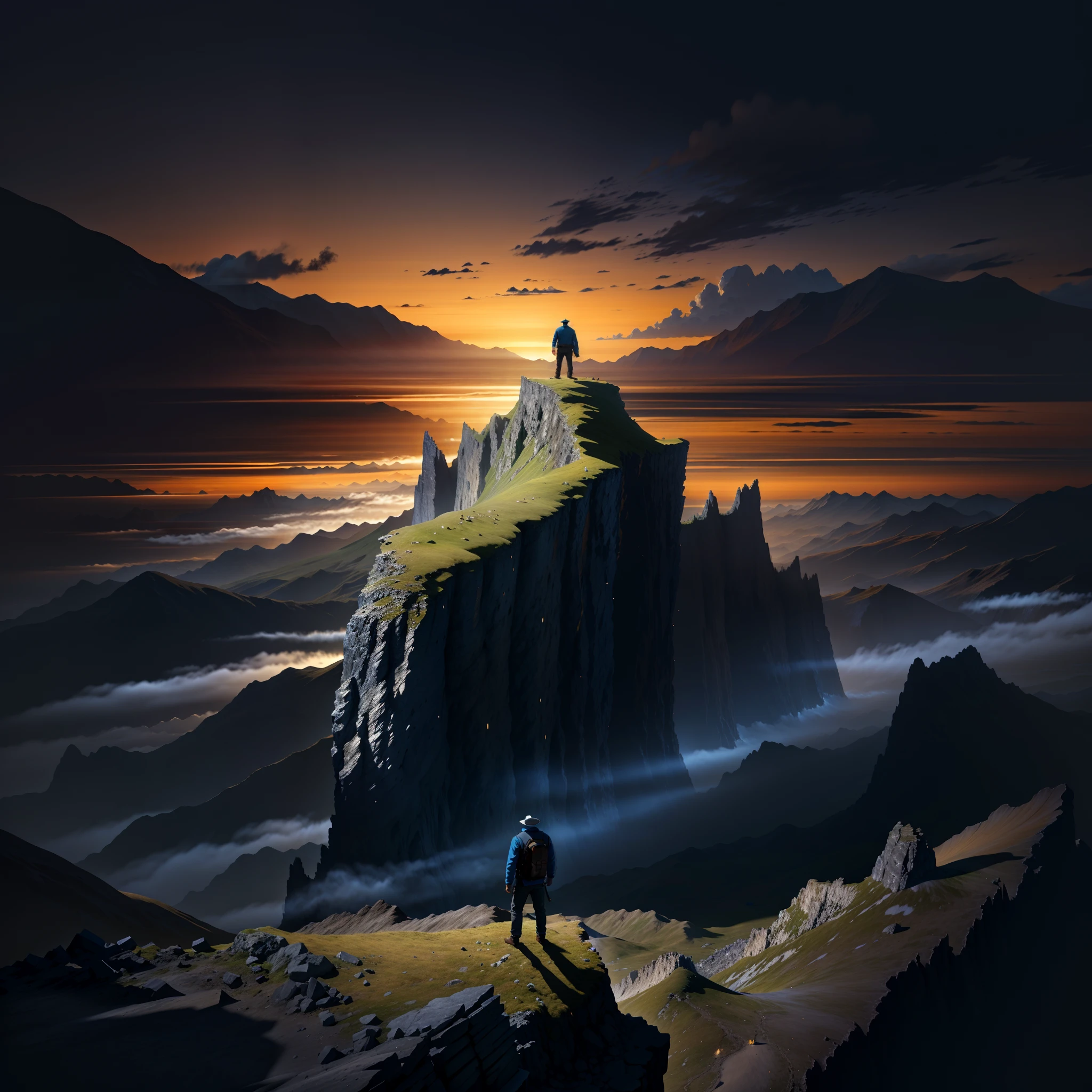 There was a man standing on the top of a hill, dramatic mountain background, Illustration matte painting, matte painting, The cliffs are shocking，wide angles