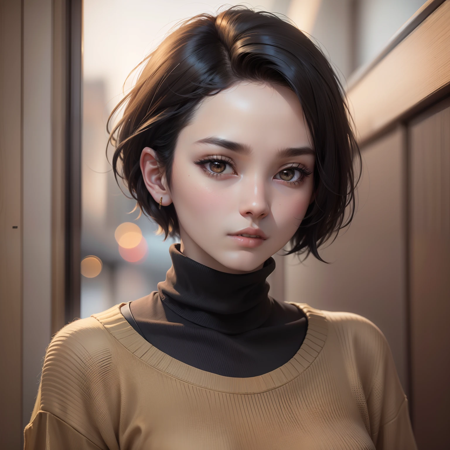 (Masterpiece:1.3), (8K, Photorealistic , Best quality: 1.4), (1girll), Beautiful face, (Realistic face), (Black hair, Short hair:1.3), buzz cut , Realistic brown eyes, Beautiful detailed eyes, (Realistic skin), Beautiful skin, (Sweater), absurderes, Attractive, 超高分辨率, Ultra photo realsisim, Highly detailed, Golden ratio .