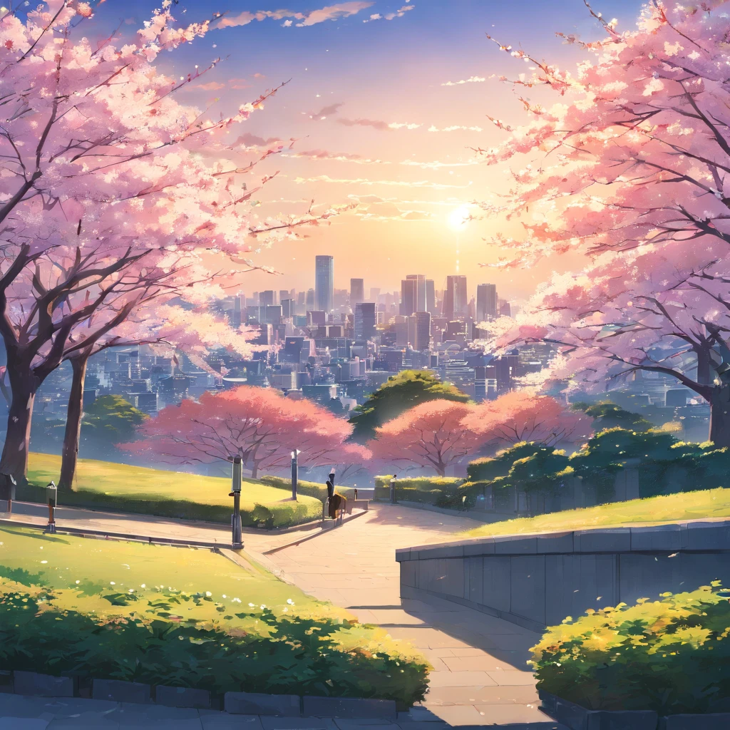 ((masterpiece)), ((top-quality)), (hight resolution), (extremely detailed CG unified 8k wallpaper),Movie Light Effects,(Near and far law),Beautiful lighting,光线追踪,(beautiful night scene:1.4),(projected inset),The warm,springtime,(cloudy ash sky:1.2),((The cherry tree)),(from behind),((cherryblossom),Sunlight,(Detailed Spring Shinjuku Gyoen National Garden 1.4),TOKYOcty,Shinjuku,By Shinkai Makoto,(Garden of Words:1.3),((Detailed distant cityscape)),Residential area,condominium,apartament,looking at the city,serene ambiance,Photorealsitic,Background Focus,Panoramic shooting,f/2.8,35m