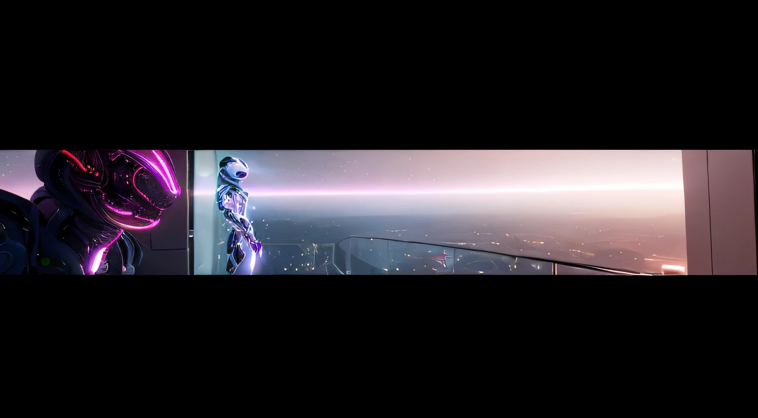 a white male robot. Room with neom lights, balcony for alien life. alien city. White and Pink, 8K, Realistic photo, male robot, deep color, fantastical, intricate detail, splash screen, complementary colors, 8k resolution trending on Artstation Unreal Engine 5"