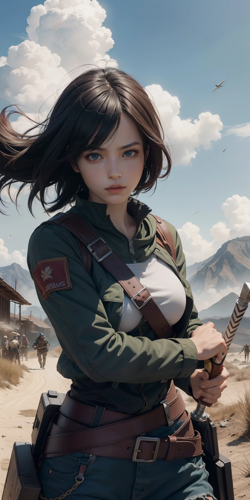 Red scarf on neck, Mikasa Ackeman's handkerchief,(realisitic)、( fotorrealista:1.5), 8k UHD、(filmgrain) extremamente delicado e bonito、8k, alta qualidade、alta resolução, ju、ighly detalhadoobra prima、(lighting like a movie)、(pele de alto detalhe:1.2)、8k UHD、Digital SLR、a strong lighting of fire、alta qualidade、filmgrain、obra prima, qualidade superior, alta qualidade, alta resolução, ((muito nitido)), Photo taken with long-range professional camera