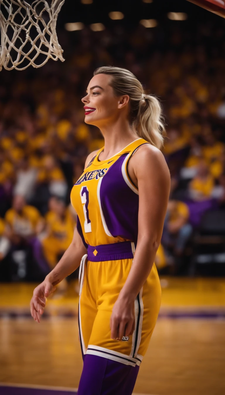 Margot Robbie jogando basquete vestindo uniforme do Los Angeles lakers