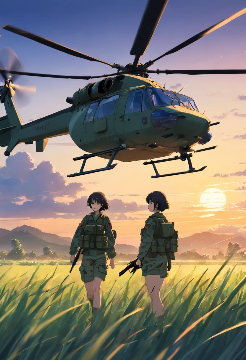 Female, soldiers in camouflage are in a field with a helicopter in the background, night time raid, military art, special forces, hq artwork, soldiers, infantry, award winning concept art, realistic soldiers, military photography, rendering, digital art, digital art, dramatic artwork, french special ops, modern warfare, night vision, cgi rendering, troops searching the area
