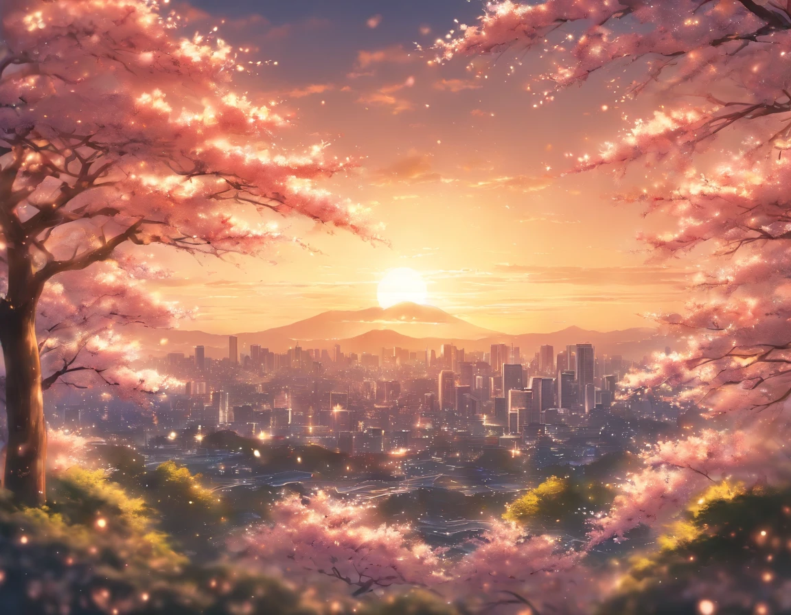 ((​masterpiece)), ((top-quality)), (hight resolution), (extremely detailed CG unified 8k wallpaper),Movie Light Effects,(Near and far law),Beautiful lighting,光线追踪,(beautiful night scene:1.4),(projected inset),The warm,springtime,(cloudy ash sky:1.2),((The cherry tree)),(from behind),((cherryblossom),Sunlight,(Detailed Spring Shinjuku Gyoen National Garden 1.4),TOKYOcty,Shinjuku,By Shinkai Makoto,(Garden of Words:1.3),((Detailed distant cityscape)),Residential area,condominium,apartament,looking at the city,serene ambiance,Photorealsitic,Background Focus,Panoramic shooting,f/2.8,35m