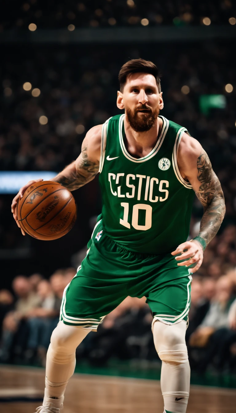 Lionel Messi jogando basquete vestindo uniforme do Boston Celtics