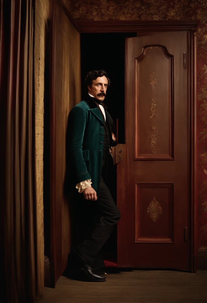 Create an image of John Wilkes Booth sneaking into the backstage area of the theater, hyper-realistic