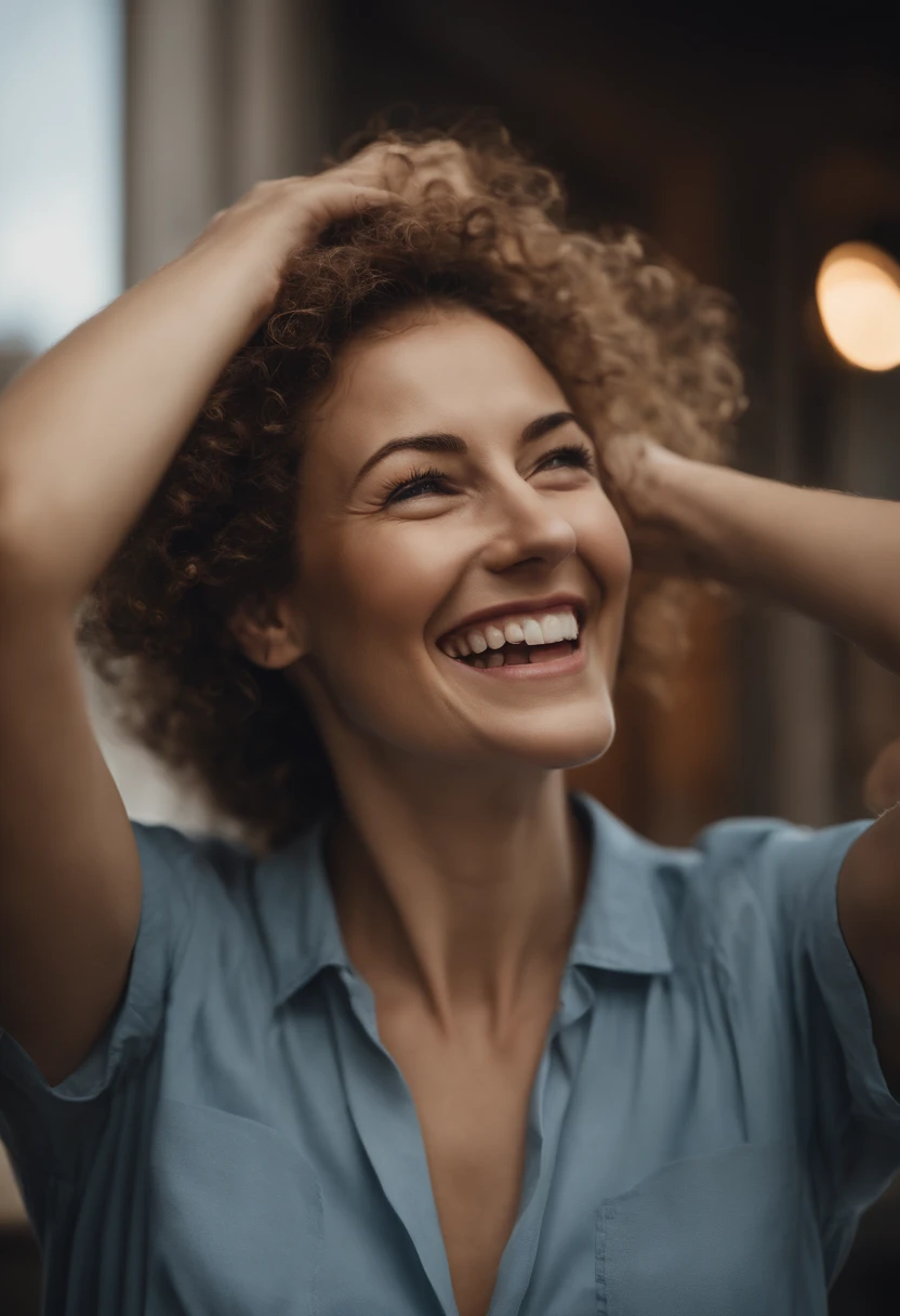 A woman in a blue shirt holds her hair up, ein Stockfoto von John Luke, Auf Shutterstock im Trend, Ereignis, Greeting hand on head, Aufgeregter Gesichtsausdruck, she is smiling and excited, Stirn zeigen, hohe Stirn, it expresses joy, Aufgeregter Gesichtsausdruck, breite Stirn, surprised expression on his face, turned his head and smiled, She smiles and is happy