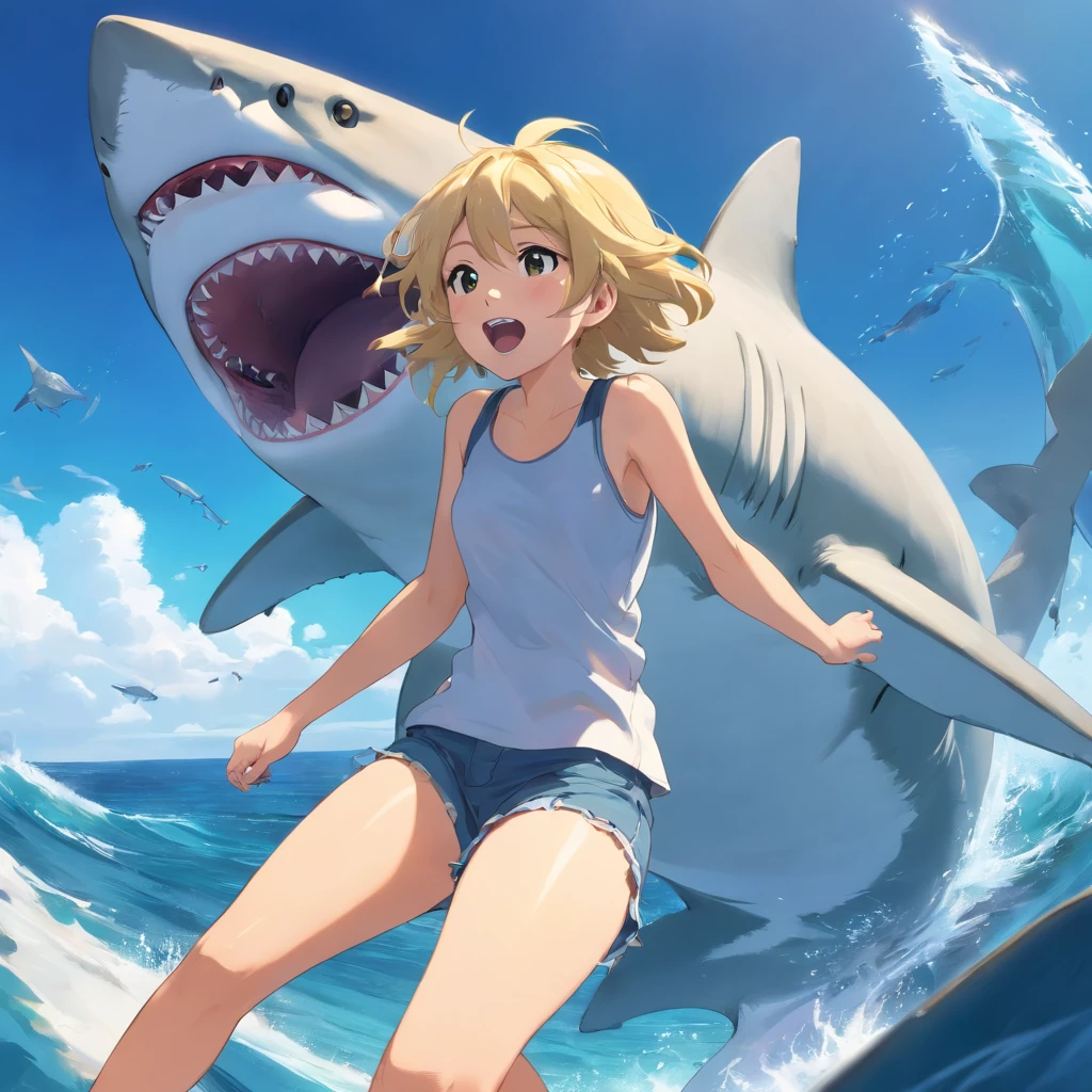 Straddling a shark、Big ocean。a blond、Head to shore。frontage。The shark is opening its mouth、