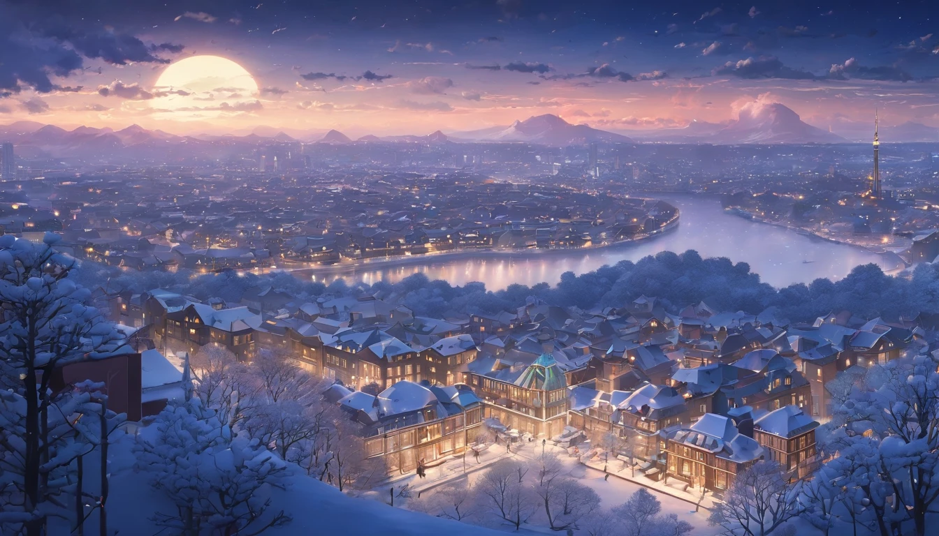 ((​masterpiece)), ((top-quality)), (hight resolution), (extremely detailed CG unified 8k wallpaper),Movie Light Effects,(Near and far law),光线追踪,(beautiful night scene:1.4),(projected inset),Midnight,midwinter,(cloudy ash sky:1.2),((In the midst of falling snow)),(from behind),((Snowflake),snow blowing,(Detailed Shinjuku Gyoen National Garden 1.4),TOKYOcty,Shinjuku,By Shinkai Makoto,(Garden of Words:1.3),((Detailed distant cityscape)),Residential area,condominium,apartament,looking at the city,serene ambiance,Photorealsitic,Background Focus,Panoramic shooting,f/2.8,35m