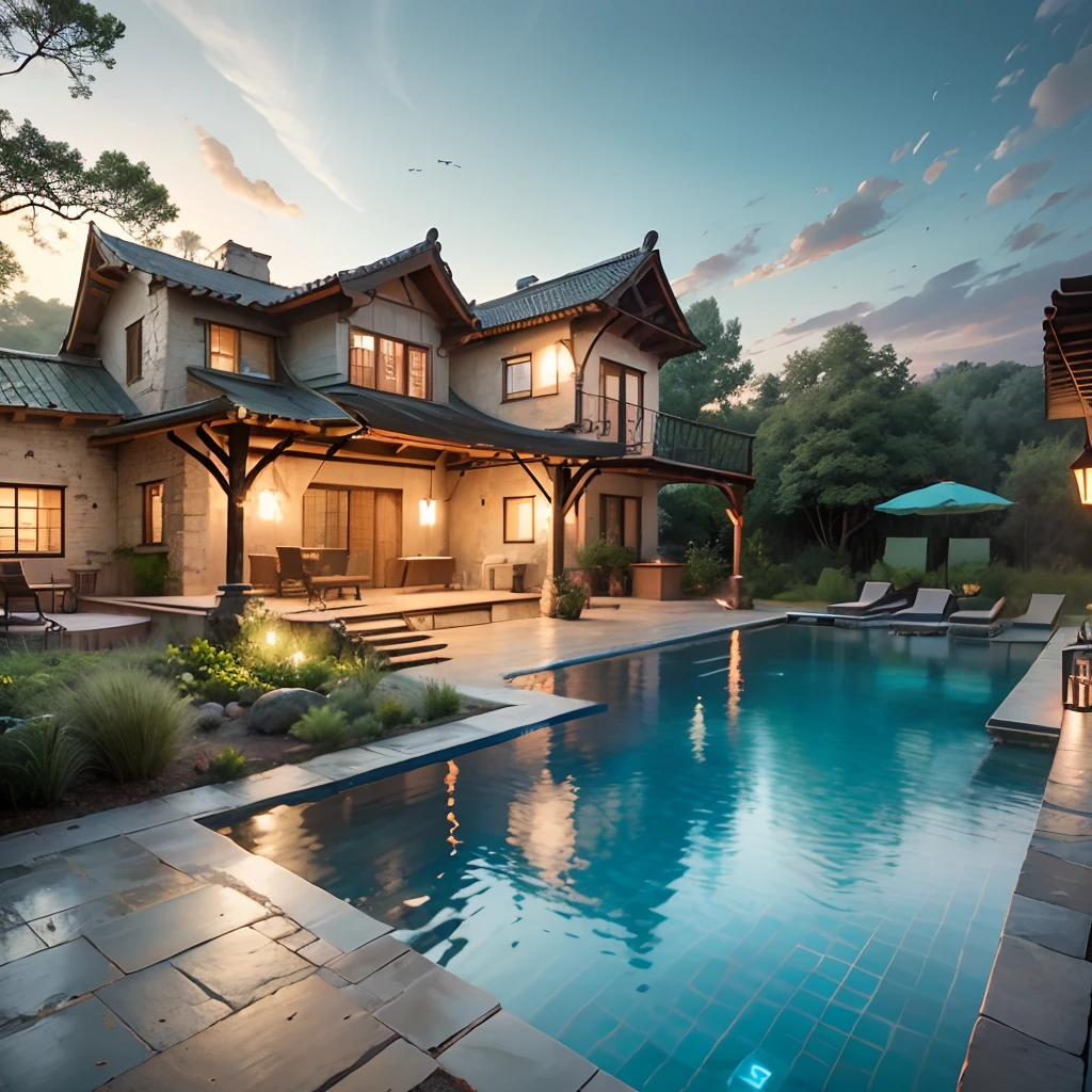 "Design an exquisite rustic exterior villa with a splendid pool, and infuse it with a unique boho style. This villa stands out for its elevated quality, intricate details, while maintaining its pristine and natural beauty. You'll find yourself surrounded by vibrant colors and environmental elements that blend elegance with authenticity, creating an exceptional and tranquil experience." --auto --s2