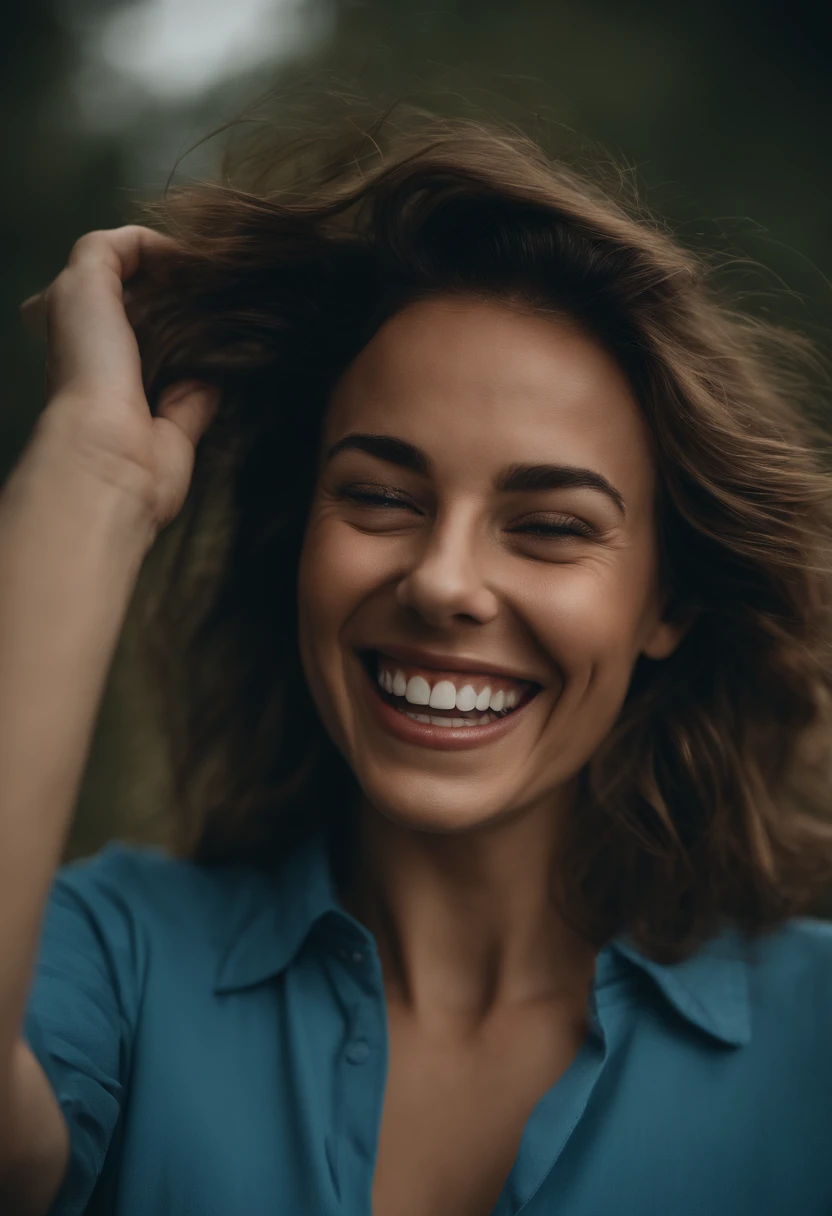 A woman in a blue shirt holds her hair up, ein Stockfoto von John Luke, Auf Shutterstock im Trend, Ereignis, Greeting hand on head, Aufgeregter Gesichtsausdruck, she is smiling and excited, Stirn zeigen, hohe Stirn, it expresses joy, Aufgeregter Gesichtsausdruck, breite Stirn, surprised expression on his face, turned his head and smiled, She smiles and is happy
