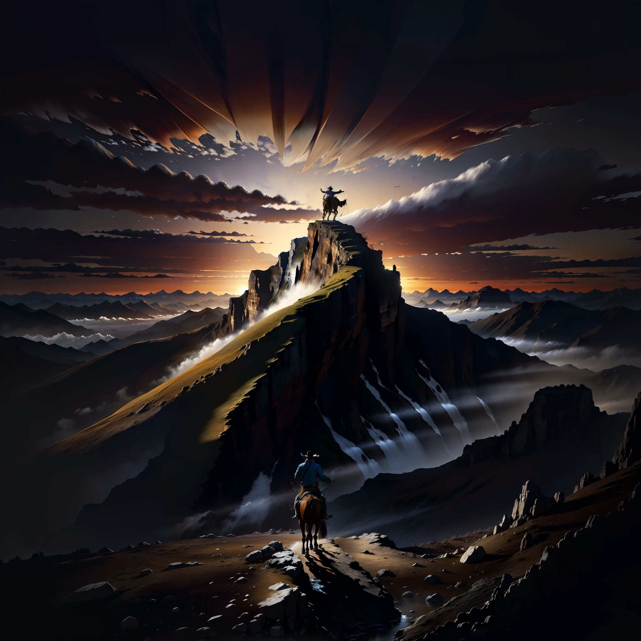 There was a man riding a western cowboy, In the valley,In front of you is the dramatic mountain backdrop of the waterfall, Illustration matte painting, Matte painting, The cliffs are shocking,wide angles,Mask filter