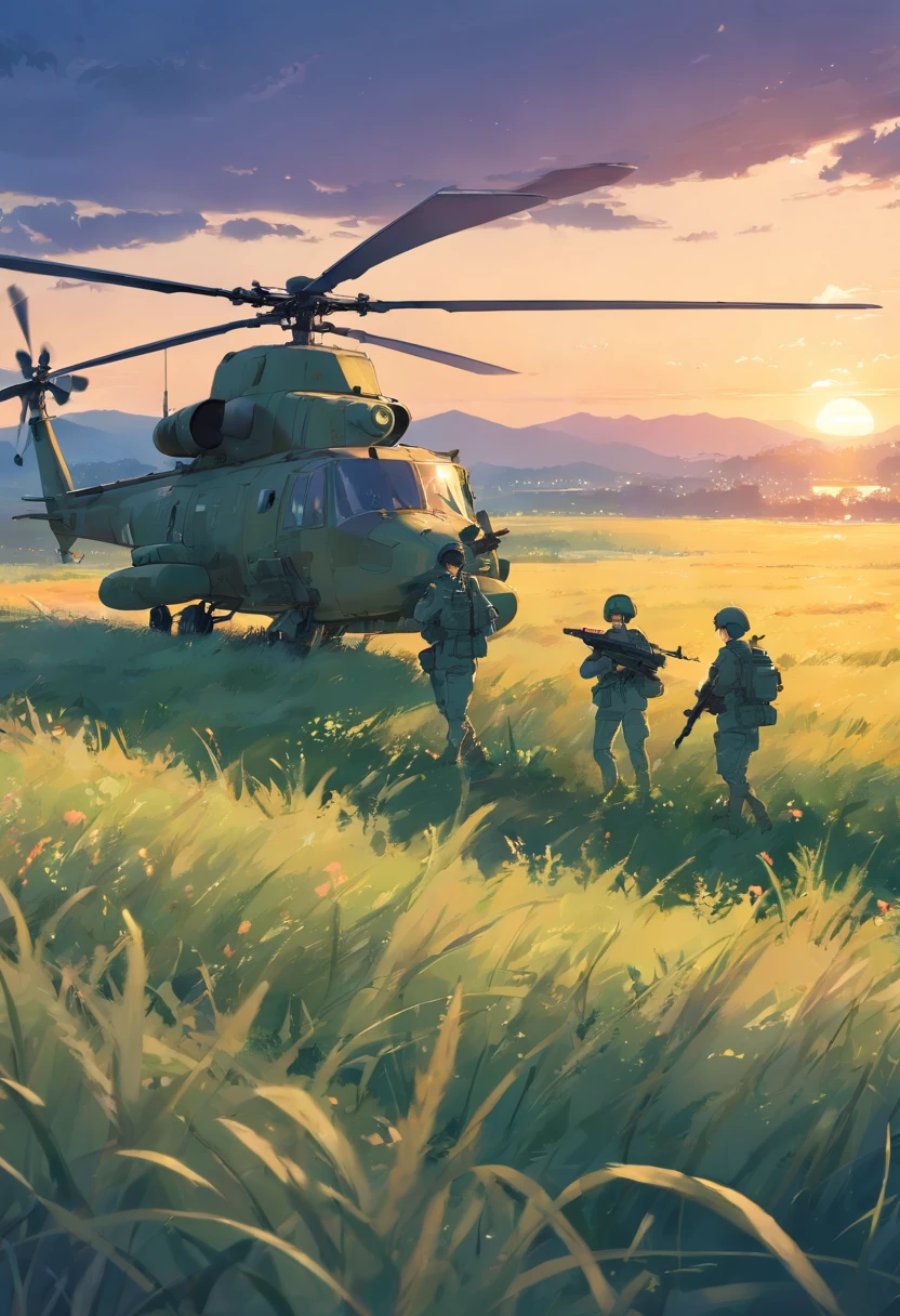 soldiers in camouflage are in a field with a helicopter in the background, night time raid, military art, special forces, hq artwork, soldiers, infantry, award winning concept art, realistic soldiers, military photography, rendering, digital art, digital art, dramatic artwork, french special ops, modern warfare, night vision, cgi rendering, troops searching the area