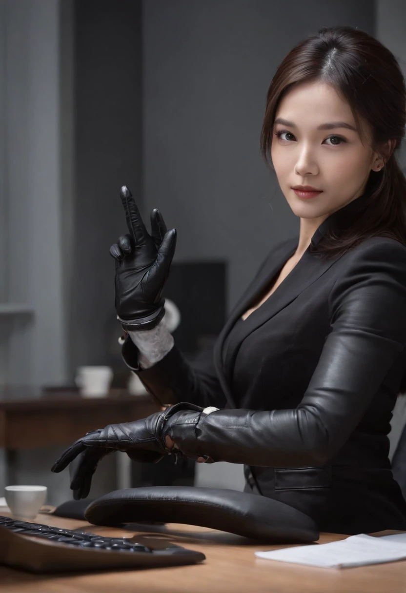 Wearing black leather gloves in both hands, upper body, black business suit, facing the desk in my room with a computer in the dark, tapping the keys of the computer keyboard with the fingertips of black leather gloves while looking at the screen, black hair bundled in the back for a long time, Japanese female new employee (black leather gloves cover both hands) (angle is in the front)
