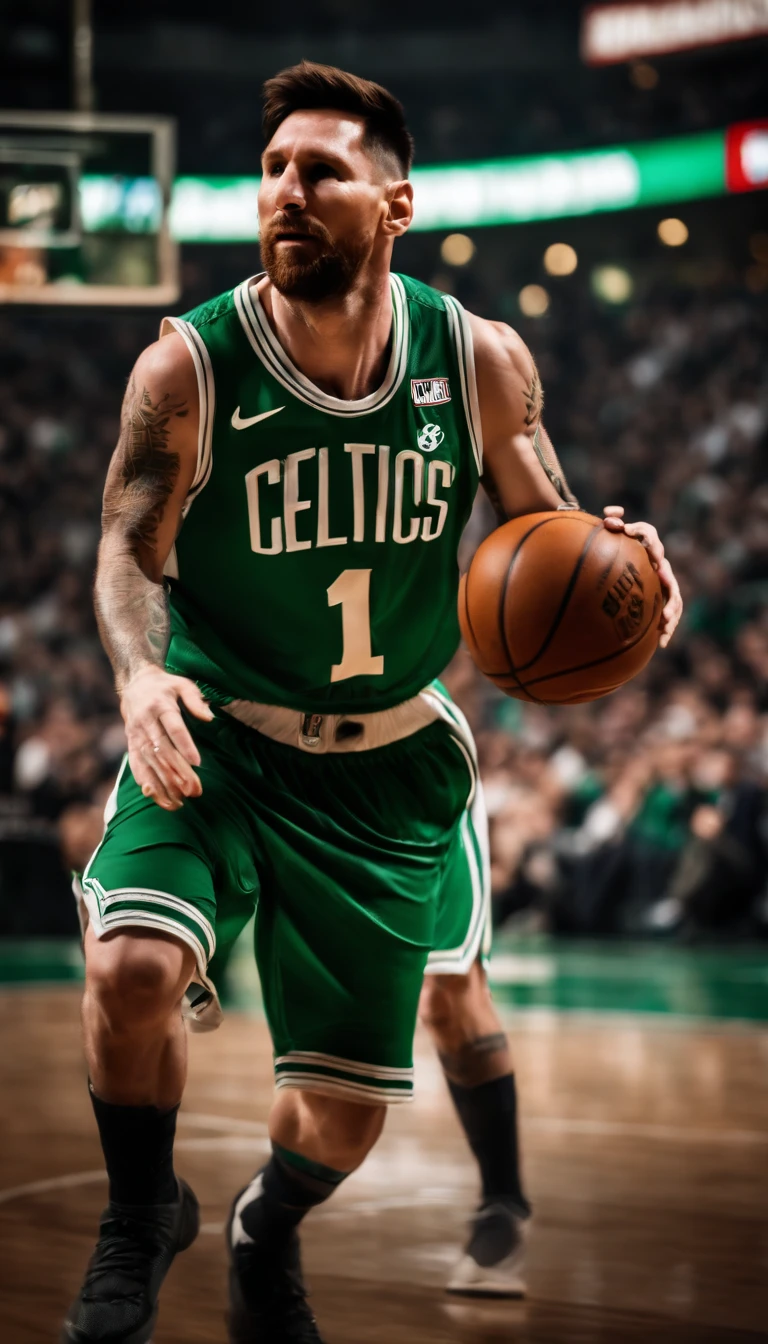 Lionel Messi jogando basquete vestindo uniforme do Boston Celtics