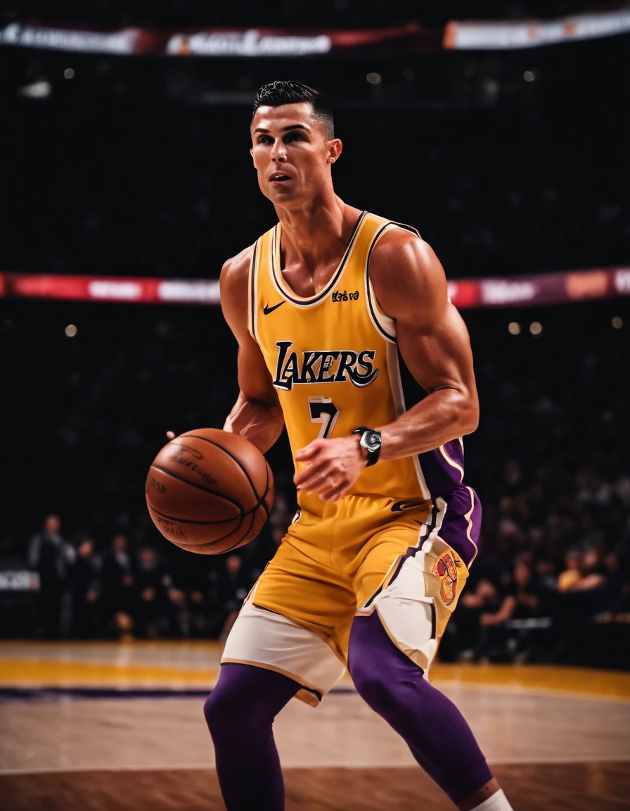 Cristiano Ronaldo jogando basquete vestindo uniforme do Los Angeles lakers