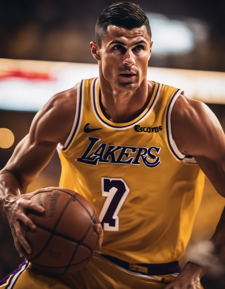 Cristiano Ronaldo jogando basquete vestindo uniforme do Los Angeles lakers