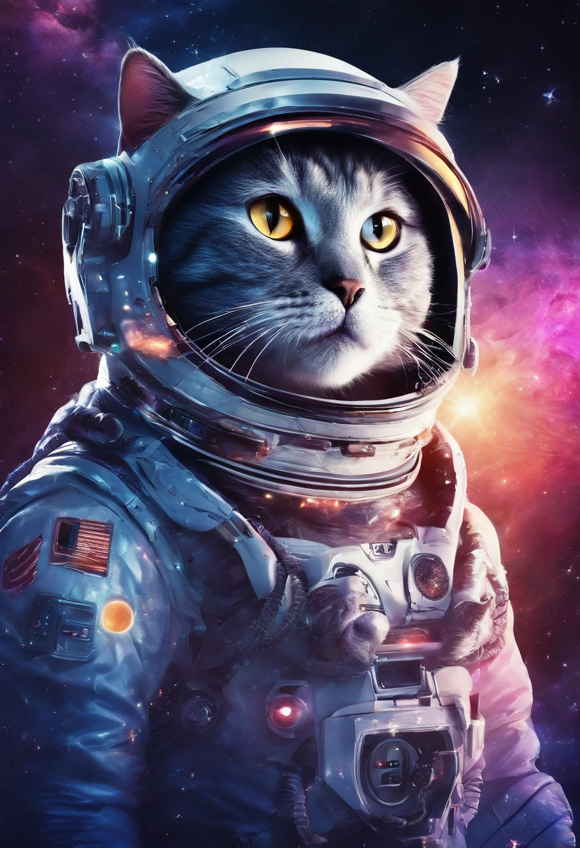 hyper detailed cat astronaut holding a balloon, flying through outter space with planets in the back ground happy, joyful, floating in outer space, 3d, 8k, pop art effect, brilliant detail,