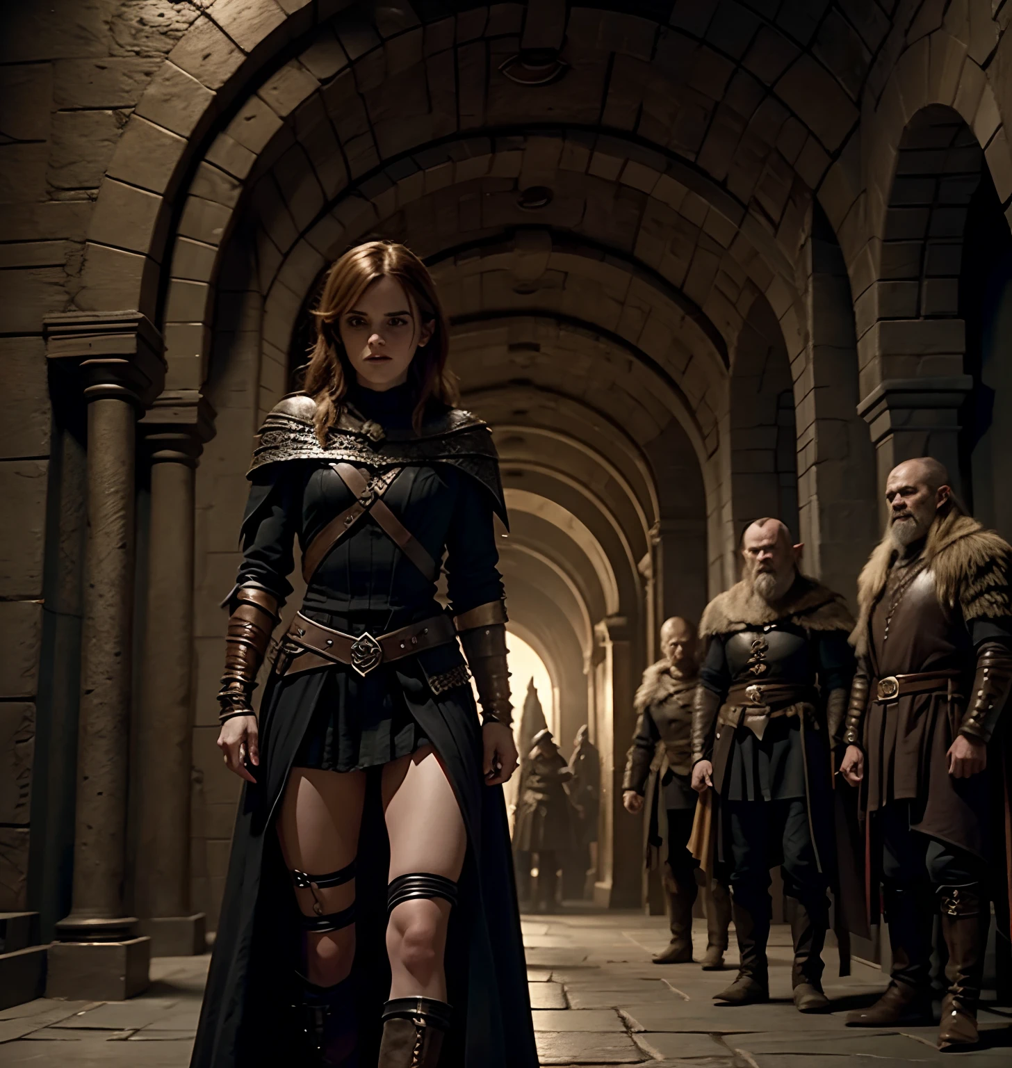 Emma Watson as Sauron with orcs and wolves wearing black clothes in ancient vault, cinematic, 4k, detailed