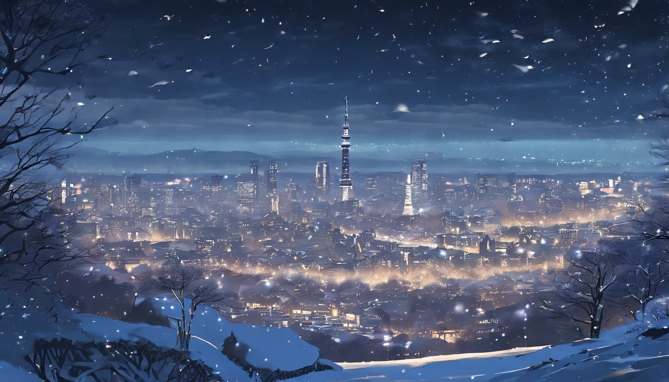 ((masterpiece)), ((top-quality)), (hight resolution), (extremely detailed CG unified 8k wallpaper),Movie Light Effects,(Near and far law),光线追踪,(beautiful night scene:1.4),(projected inset),Midnight,midwinter,(cloudy ash sky:1.2),((In the midst of falling snow)),(from behind),((Snowflake),snow blowing,(Detailed Shinjuku Gyoen National Garden 1.4),TOKYOcty,Shinjuku,By Shinkai Makoto,(Garden of Words:1.3),((Detailed distant cityscape)),Residential area,condominium,apartament,looking at the city,serene ambiance,Photorealsitic,Background Focus,Panoramic shooting,f/2.8,35m