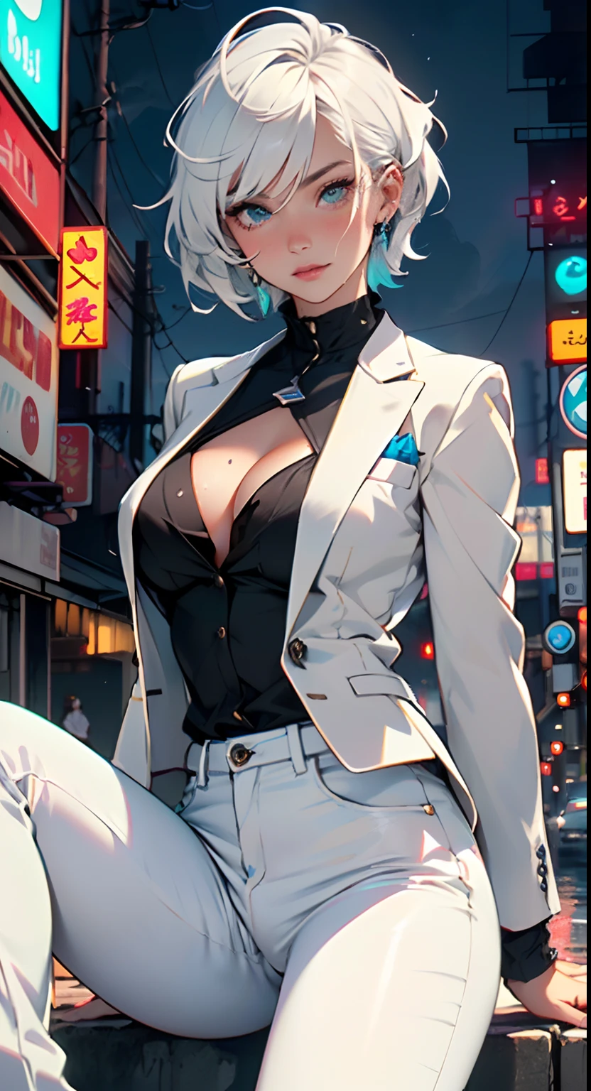 cute albino girl,(((1girl))),((albino girl with extremely cute and beautiful white hair)),

(small breasts:1.4),(((white hair:1.35,colored inner hair,ear breathing,small hair,tomboy haircut))),(((heterochromia:1.5,eye1 white,eye2 aqua))),intricate eyes,beautiful detailed eyes,symmetrical eyes,((fat)),(((pale skin,lustrous skin:1.5,bright skin: 1.5,skin tanned,shiny skin,very shiny skin,shiny body,plastic glitter skin,exaggerated shiny skin,illuminated skin,wet legs))),(spider lower abdomen,narrow waist,wide hip,athletic body,inflated legs,delicate detailed fingers,detailed body,detailed arms,human hands,(detailed face)),

cute,slutty,seductive,erotic,(((nsfw))),

(((wearing white formal blazer,white pants,))),(((huge cleavage))),((wet clothes,intricate outfit,intricate clothes)),

(dynamic pose:1.0),solo focus,embarrassed,(centered,scale to fit dimensions,Rule of thirds),

cyberpunk city by the ocean at night, with bright neon signs and dark stormy clouds and puddles, scenery:1.25,

artistic photography,(photography taken by sldr),highres, sharp focus, (ultra detailed, extremely detailed), (photorealistic artwork:1.37),(extremely detailed CG unity 8k wallpaper),((synthwave background theme)),(((vibrant colors))),(intricate background),(masterpiece),(best quality)