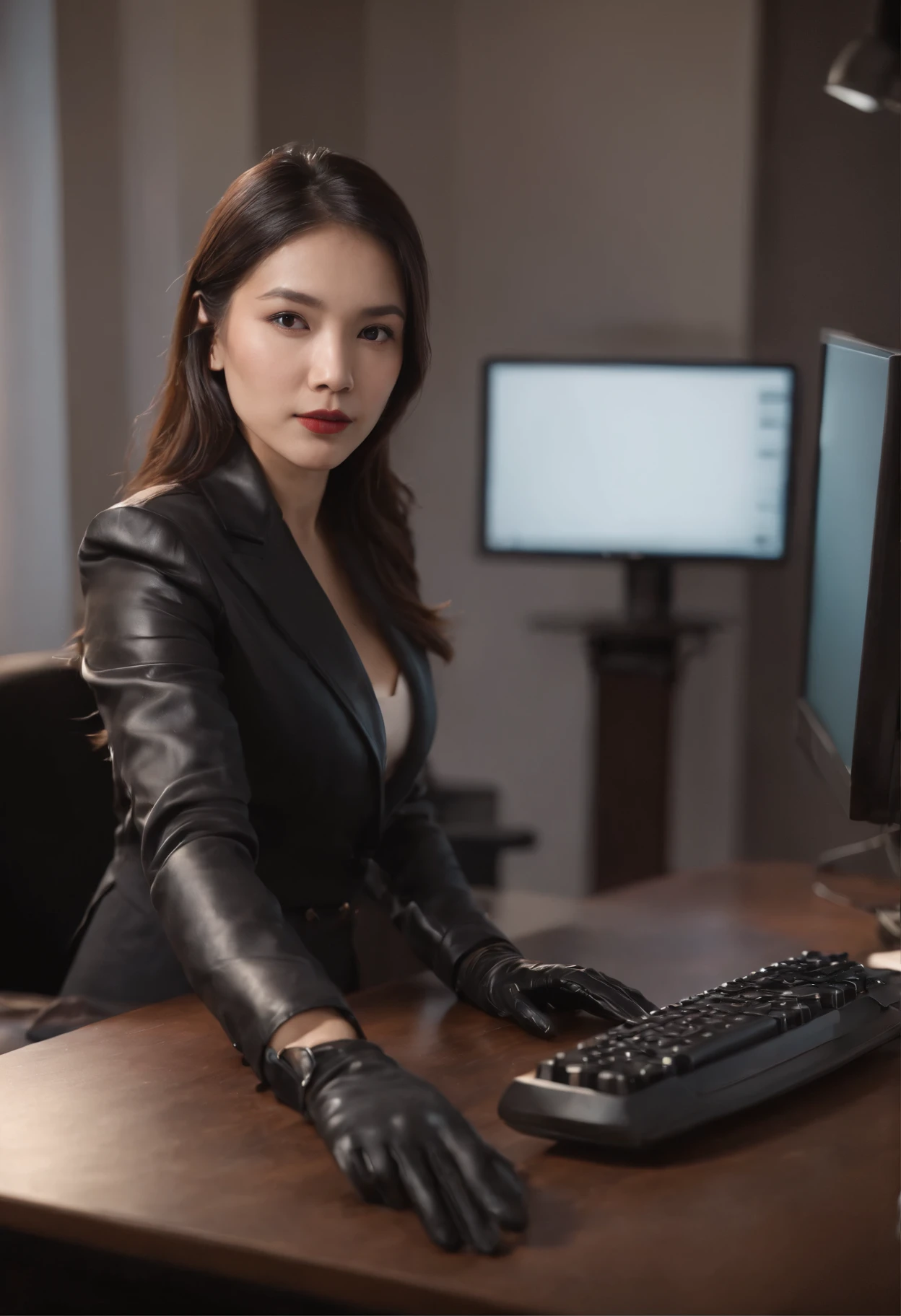 Wearing black leather gloves in both hands, upper body, black business suit, facing the desk in my room with a computer in the dark, tapping the keys of the computer keyboard with the fingertips of black leather gloves while looking at the screen, black hair bundled in the back for a long time, Japanese female new employee (black leather gloves cover both hands) (angle is in the front)