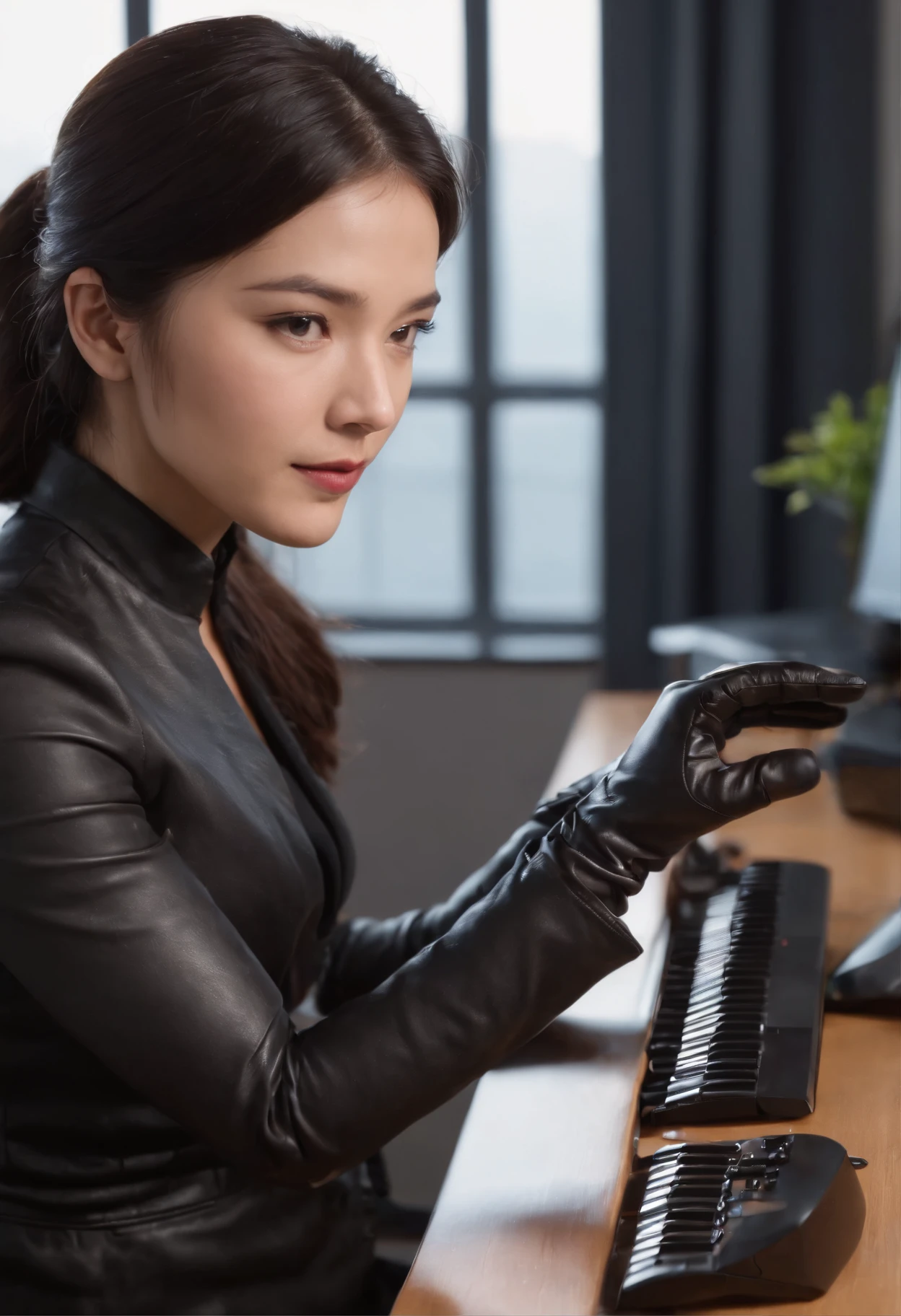 Wearing black leather gloves in both hands, upper body, black business suit, facing the desk in my room with a computer in the dark, tapping the keys of the computer keyboard with the fingertips of black leather gloves while looking at the screen, black hair bundled in the back for a long time, Japanese female new employee (black leather gloves cover both hands) (angle is in the front)
