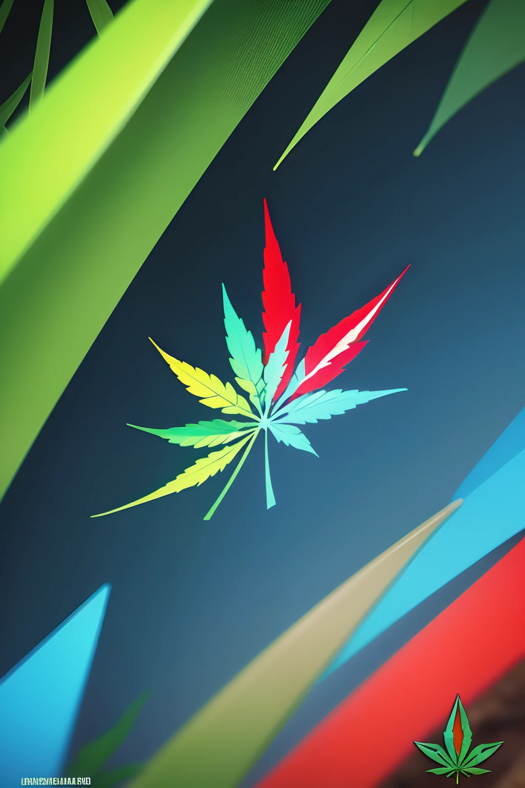 logo de la hoja de la mata de cannabis estilo profesional strike con colores amarrillo azul y rojo con un filtro brillante y luces