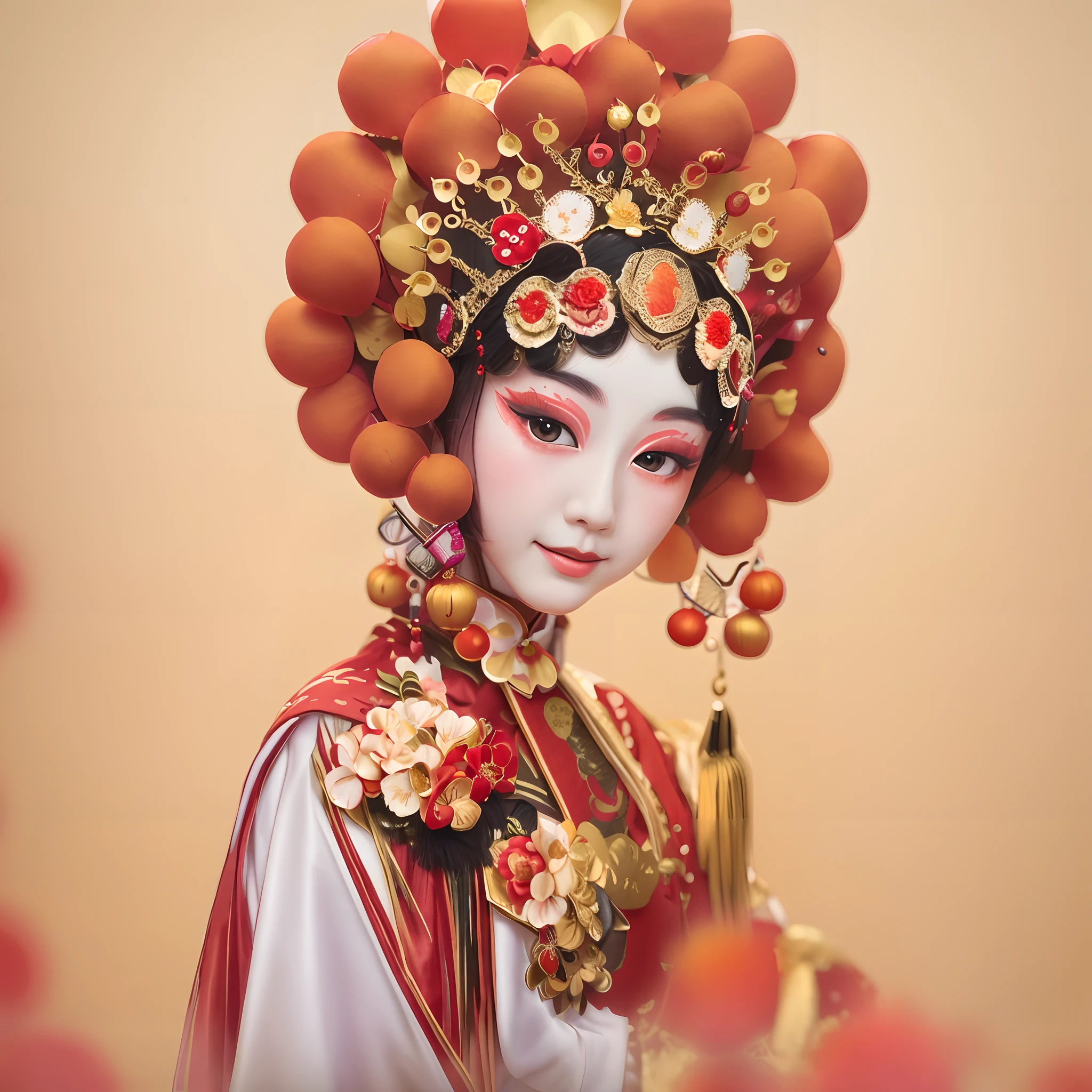 sportrait, looking at viewert, ssmile, simple backgound, Keep one's mouth shut, florals ,Wearing a red flower hat, beijing opera, ancient china art style, china doll face, Zhang Jingna, Chinese traditional, bian lian, Chinese style, Chinese costume, an ancient Chinese goddess, beauty geisha