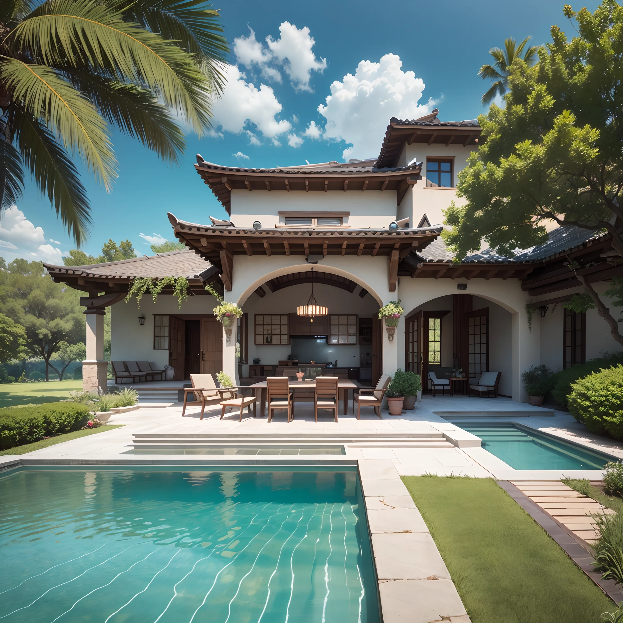 "Create an exceptionally realistic design for an exquisite rustic exterior villa with a splendid pool, and infuse it with a unique boho style. This villa stands out for its elevated quality, intricate details, while maintaining its pristine and natural beauty. You'll find yourself surrounded by vibrant colors and environmental elements that blend elegance with authenticity, creating an exceptionally realistic and tranquil experience." --auto --s2