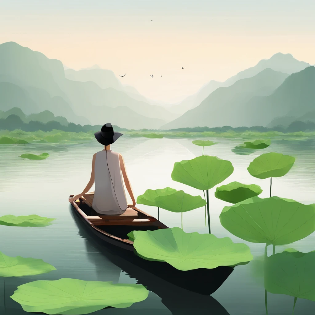 It's not yet midsummer, but the lotus leaves are already a lush green. A lady sails down the river, startling the herons in the boat's way, masterpiece, best quality