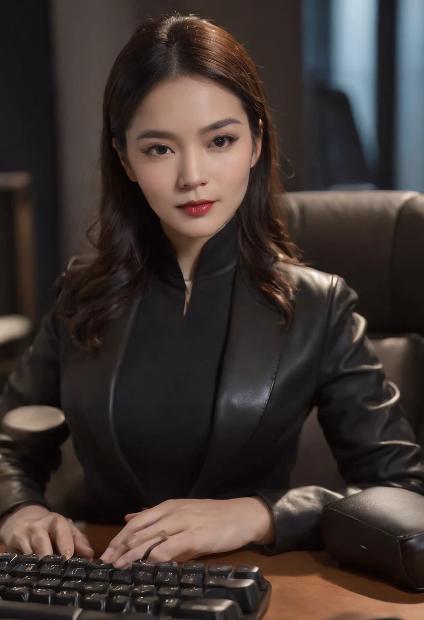 Wearing black leather gloves in both hands, upper body, black business suit, facing the desk in my room with a computer in the dark, tapping the keys of the computer keyboard with the fingertips of black leather gloves while looking at the screen, black hair bundled in the back for a long time, Japanese female new employee (black leather gloves cover both hands) (angle is in the front)