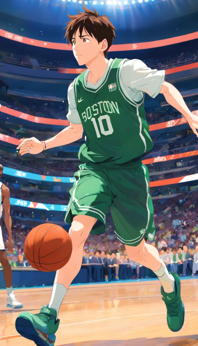 Lionel Messi jogando basquete vestindo uniforme do Boston Celtics