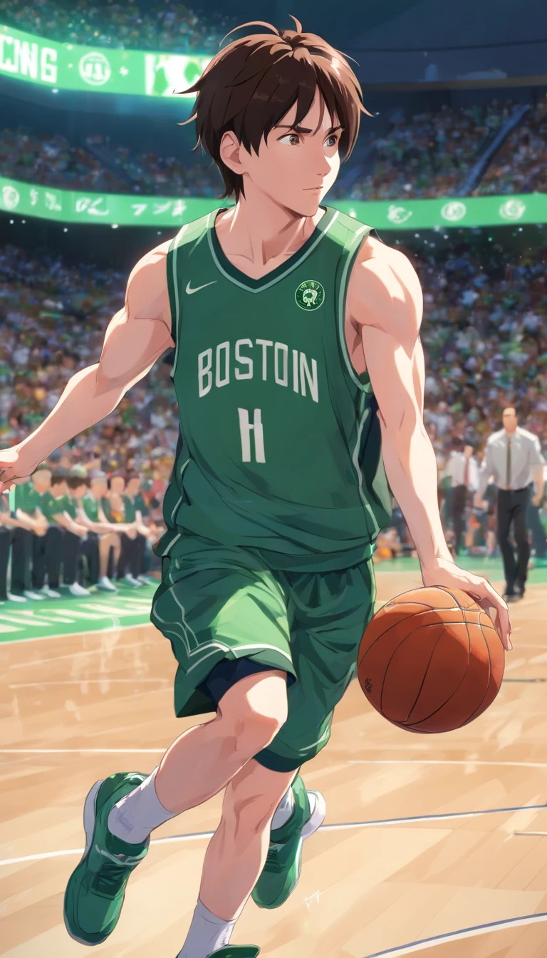 Lionel Messi jogando basquete vestindo uniforme do Boston Celtics