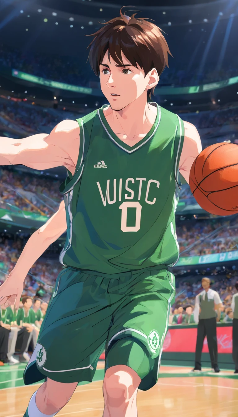Lionel Messi jogando basquete vestindo uniforme do Boston Celtics