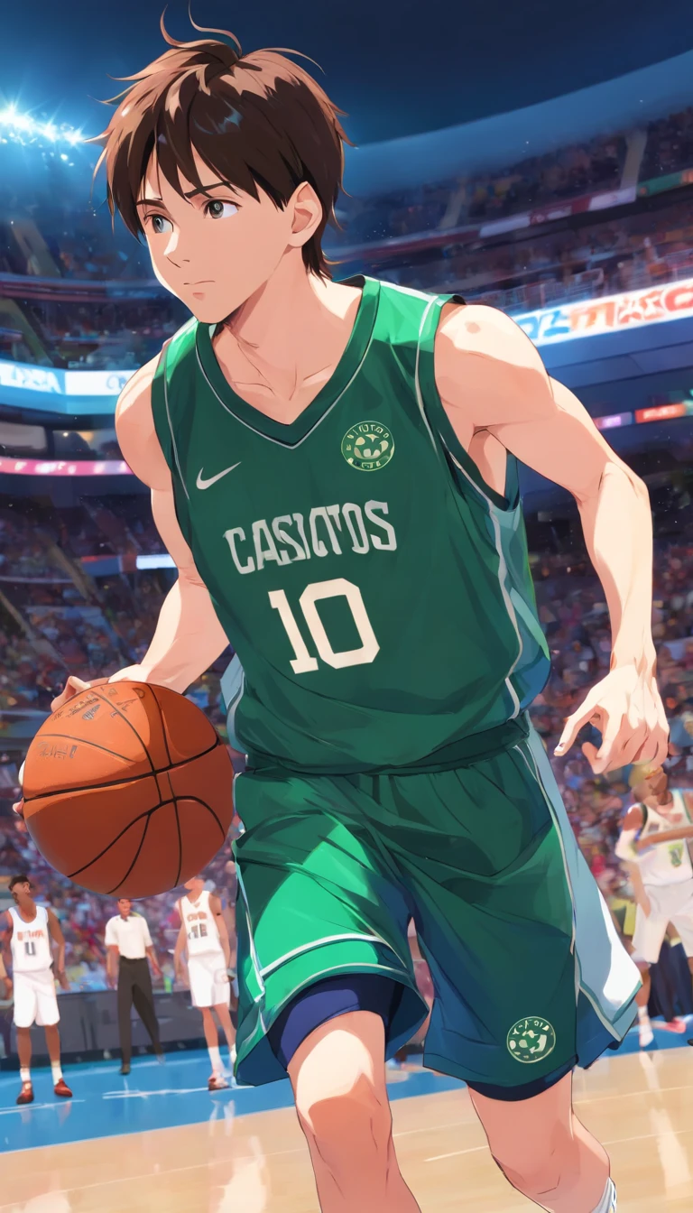 Lionel Messi jogando basquete vestindo uniforme do Boston Celtics