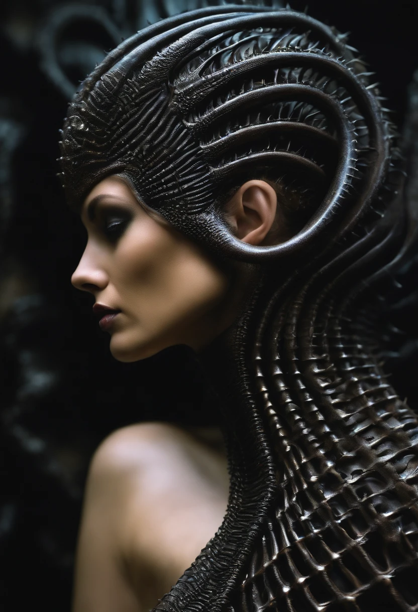 A prickly, faceless alien woman, /estilo H.G. giger