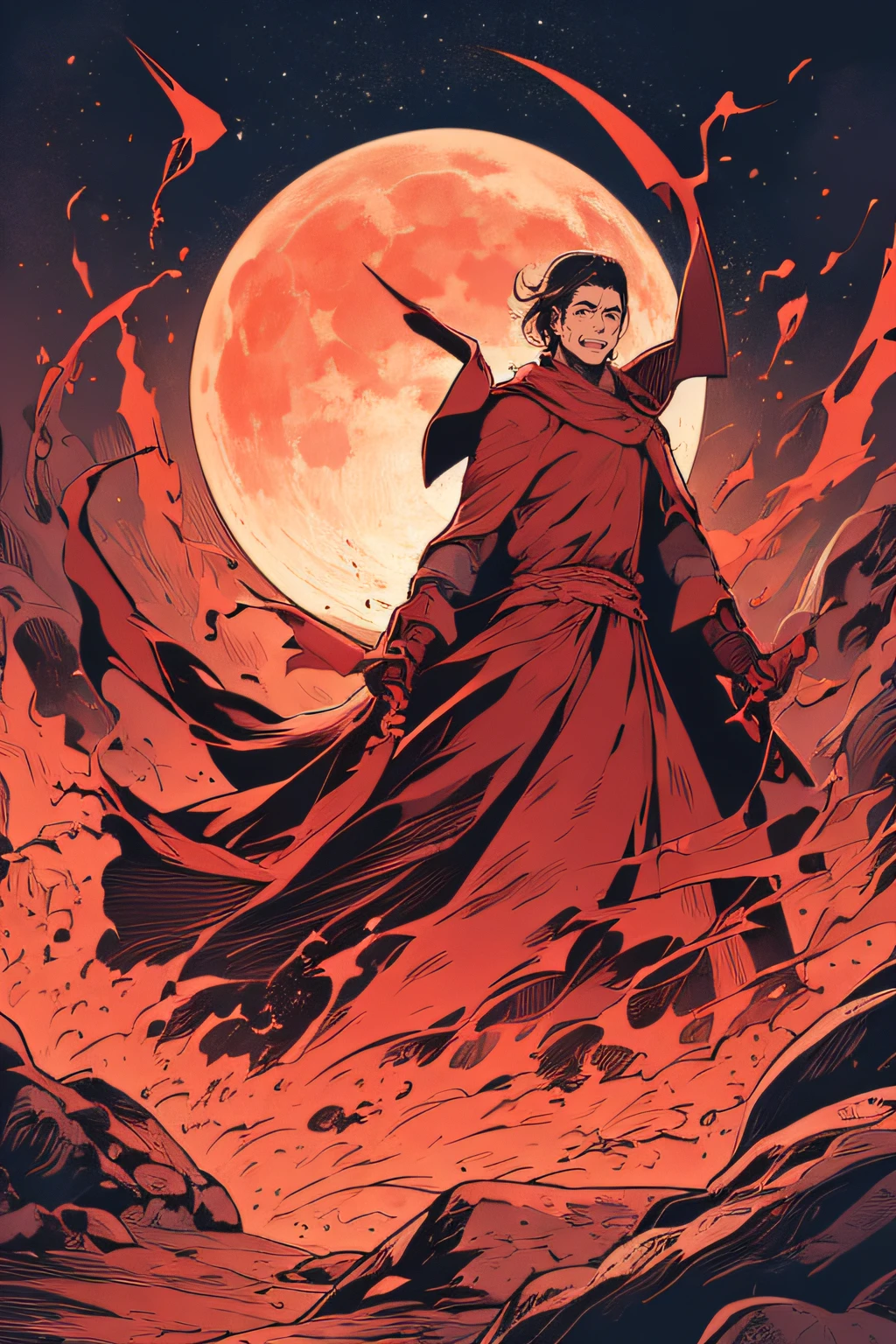 The King in the Crown、Red costume、Red Flame、moon in background