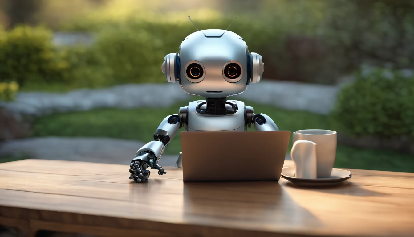 There's a robot that's sitting on a laptop, bonito 3 d render, cute humanoid robot, cute robot, olhar :: octan render, close-up of a robot sitting down, 3 d render stylized, very cute robot zen, an alien working on a computer, tintoy characterdesign robot, rendered in Octane Rendering, adorable friendly robot