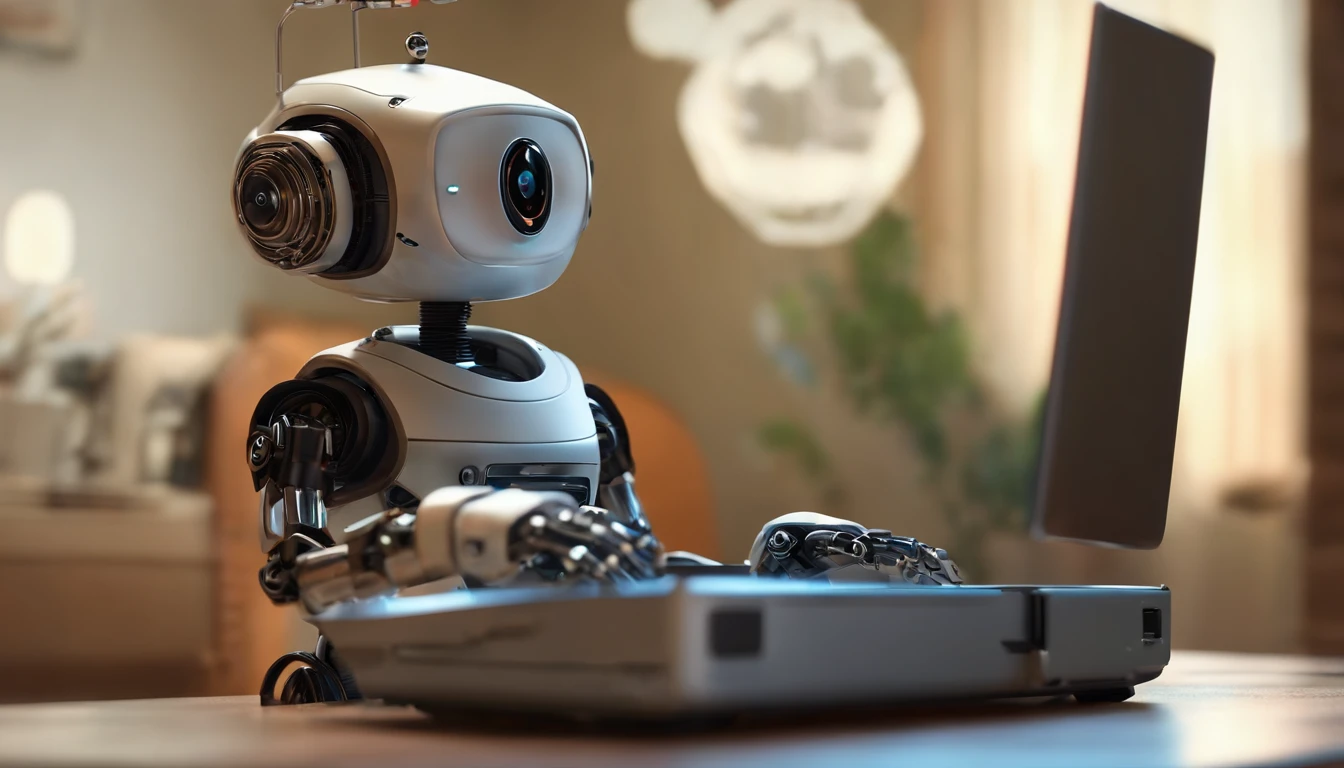 There's a robot that's sitting on a laptop, bonito 3 d render, cute humanoid robot, cute robot, olhar :: octan render, close-up of a robot sitting down, 3 d render stylized, very cute robot zen, an alien working on a computer, tintoy characterdesign robot, rendered in Octane Rendering, adorable friendly robot
