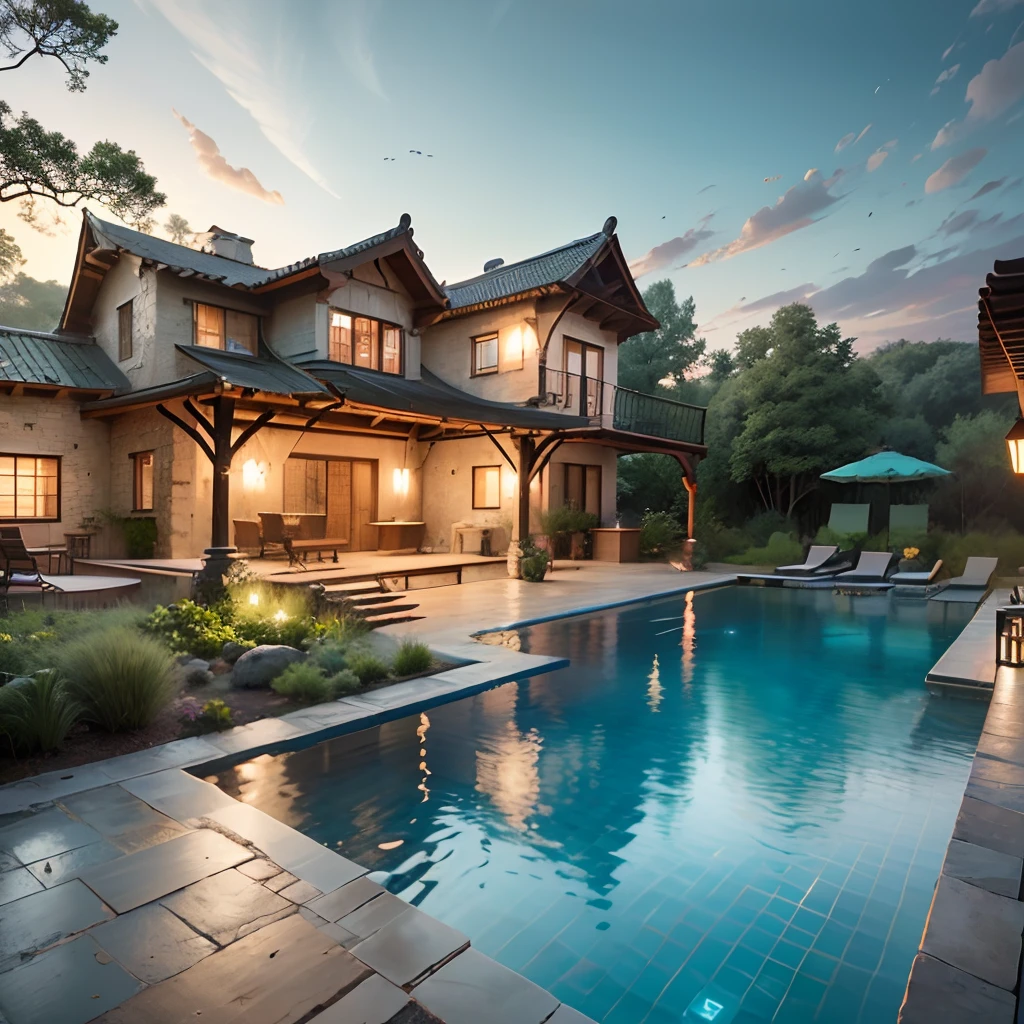 "Design an exquisite rustic exterior villa with a splendid pool, and infuse it with a unique boho style. This villa stands out for its elevated quality, intricate details, while maintaining its pristine and natural beauty. You'll find yourself surrounded by vibrant colors and environmental elements that blend elegance with authenticity, creating an exceptional and tranquil experience." --auto --s2