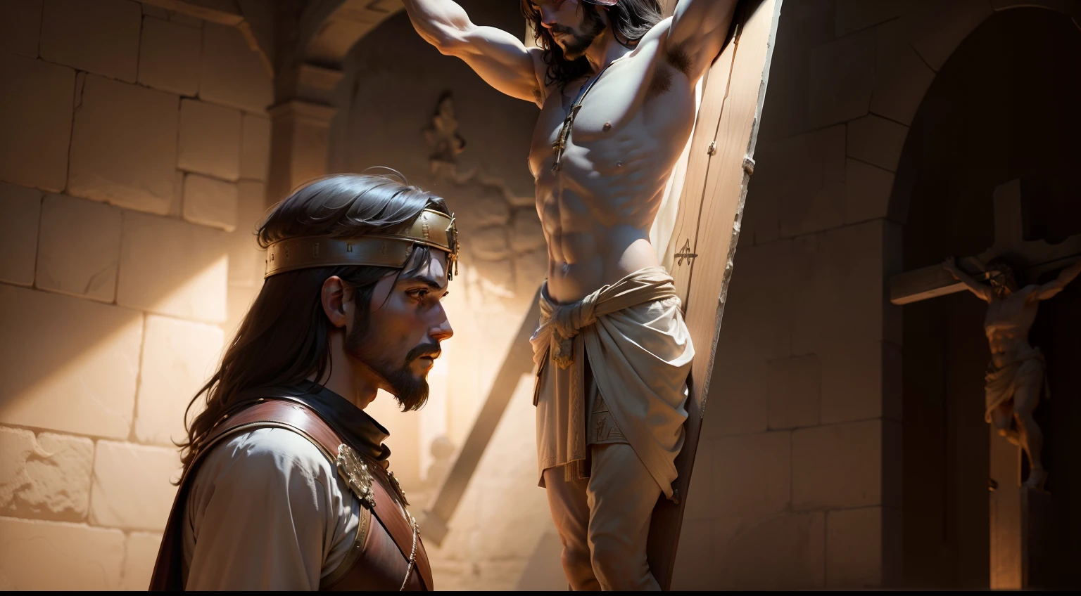 Generate a moving and historically accurate representation of Jesus on the cross with only Roman soldier who witnessed the crucifixion. It portrays Jesus in a solemn and reverent manner, suspended on the crucifix, capturing the profound gravity of the moment. Place the Roman soldier next to the cross, portraying him as the last witness to Jesus' crucifixion in historically accurate Roman costume. Use soft, shadowy lighting to emphasize the solemnity of the scene, nothing else around