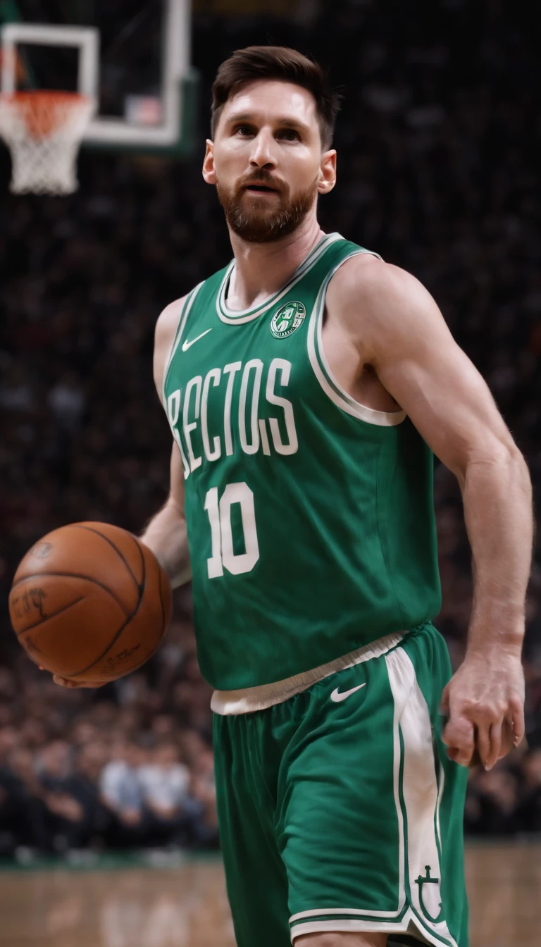 Lionel Messi jogando basquete vestindo uniforme do Boston Celtics