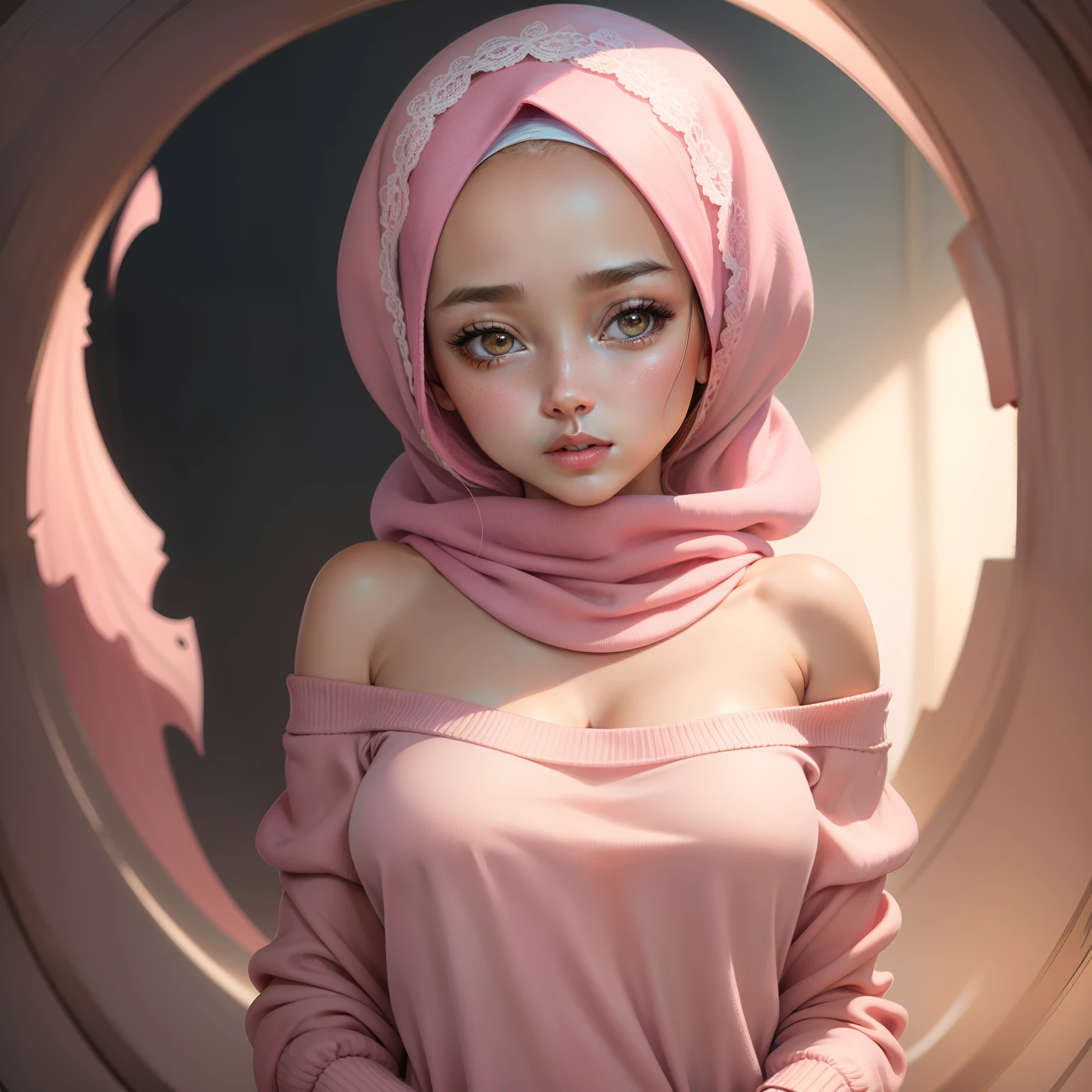 The girl with hijab, pink shawl, naked body and very beautiful, in the background full of neon billboards, details of the girl are very high,