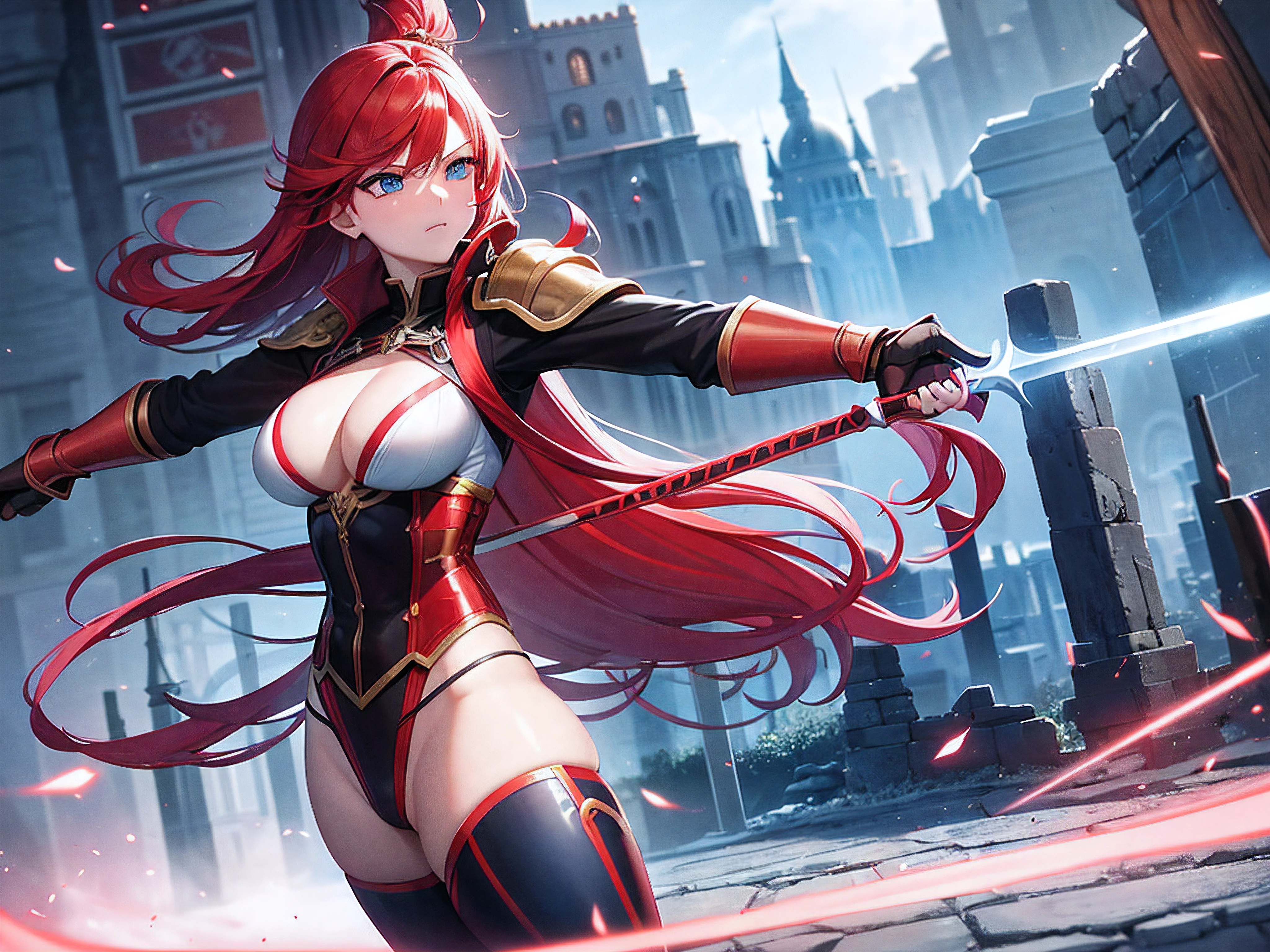 Make a blue-eyed red-haired amazon in a warrior outfit unleashing a super magic from her sword against a gorgeous ninja in ruins of a castle, cores vibrantes, contraste e brilho perfeito, estilo cinema, 16k, super atraente