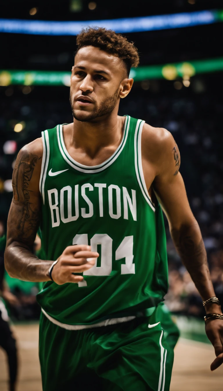 Neymar Junior jogando basquete vestindo uniforme do Boston Celtics