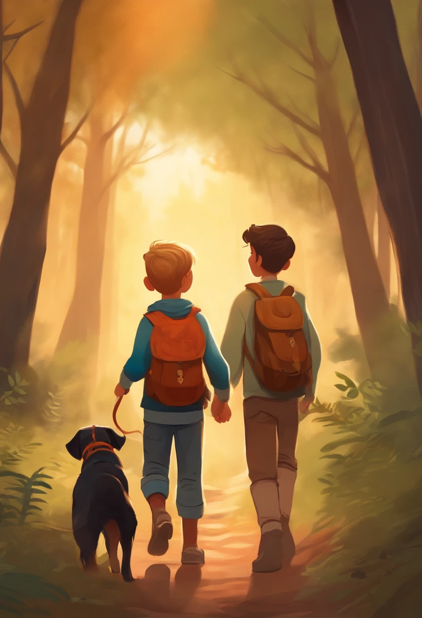 Draw Lucas, a smiling boy, holding his faithful friend, Bolt, the dog, as they walk through the forest together.